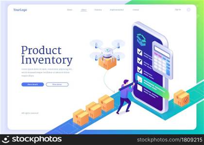 Product inventory isometric landing page. Logistics order processing, warehouse tasking, stock supply planning concept. Tiny supplier filling form on huge mobile phone screen, 3d vector web banner. Product inventory isometric landing page, banner