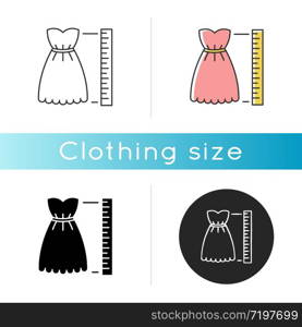 Product length icon. Linear black and RGB color styles. Measuring dress size, tailoring parameters. Height specification for custom made female clothing. Isolated vector illustrations