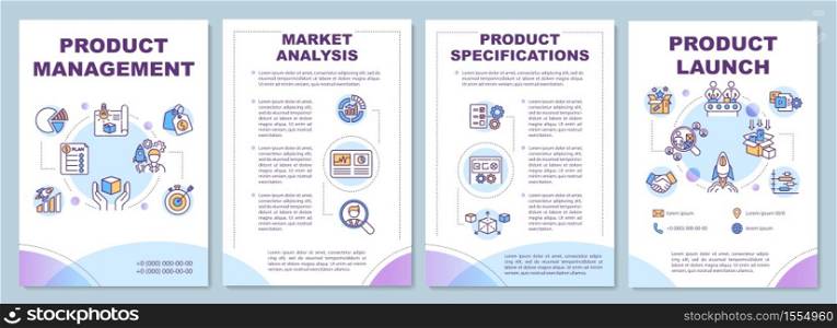 Product management brochure template. Product launch and specification. Flyer, booklet, leaflet print, cover design with linear icons. Vector layouts for magazines, annual reports, advertising posters. Product management brochure template