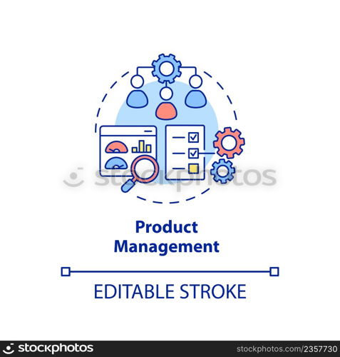 Product management concept icon. Marketing processes. Business development abstract idea thin line illustration. Isolated outline drawing. Editable stroke. Arial, Myriad Pro-Bold fonts used. Product management concept icon