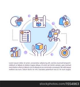 Product management concept icon with text. New product development and justification. PPT page vector template. Brochure, magazine, booklet design element with linear illustrations. Product management concept icon with text