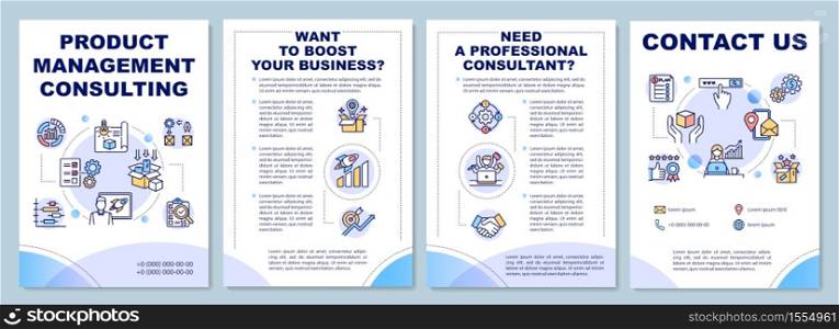 Product management consulting brochure template. Consultant. Flyer, booklet, leaflet print, cover design with linear icons. Vector layouts for magazines, annual reports, advertising posters. Product management consulting brochure template