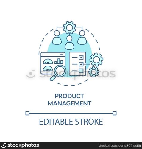 Product management turquoise concept icon. Marketing processes. Business development abstract idea thin line illustration. Isolated outline drawing. Editable stroke. Arial, Myriad Pro-Bold fonts used. Product management turquoise concept icon