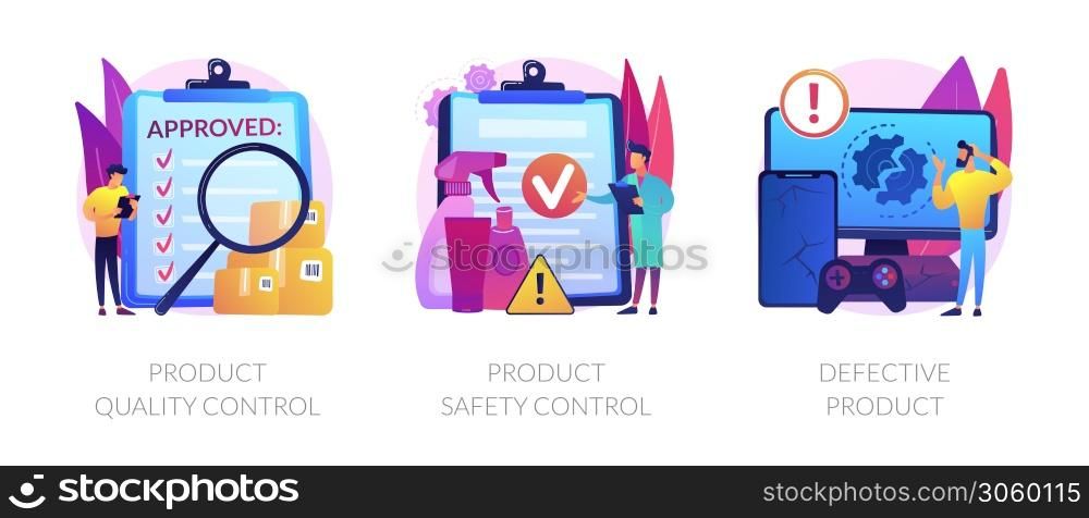 Product manufacturing abstract concept vector illustration set. Product quality and safety control, defective product testing, customer feedback, inspection, warranty certificate abstract metaphor.. Product manufacturing abstract concept vector illustrations.