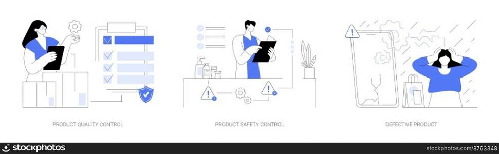 Product manufacturing abstract concept vector illustration set. Product quality and safety control, defective product testing, customer feedback, inspection, warranty certificate abstract metaphor.. Product manufacturing abstract concept vector illustrations.