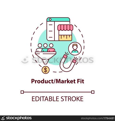 Product, market fit concept icon. Consumer demand satisfaction. Attract customers. Startup launch abstract idea thin line illustration. Vector isolated outline color drawing. Editable stroke. Product, market fit concept icon