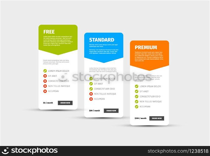 Product or service price comparison cards with description. Product or service price comparison table with three options