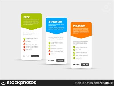 Product or service price comparison cards with description. Product or service price comparison table with three options