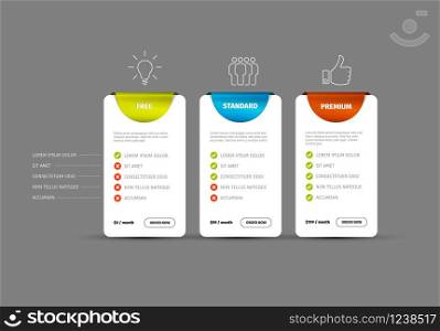Product or service price comparison cards with description and icons. Product or service price comparison table with three options
