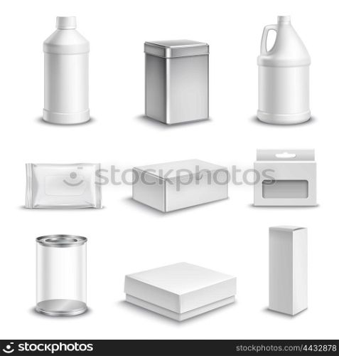 Product Package Realistic Icons Set . Product package realistics icons set with various cardboard metal plastic and paper food and drink containers isolated vector illustration