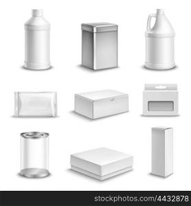 Product Package Realistic Icons Set . Product package realistics icons set with various cardboard metal plastic and paper food and drink containers isolated vector illustration