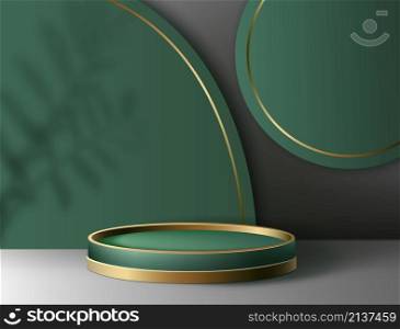 Product podium. Realistic empty green and golden pedestal stand mockup for cosmetics advertising. Minimal beauty scene. Cylindrical stage shape and plant shadow. Vector abstract 3D round platform. Product podium. Realistic empty green and golden pedestal mockup for cosmetics advertising. Minimal beauty scene. Cylindrical stage shape and plant shadow. Vector abstract 3D platform