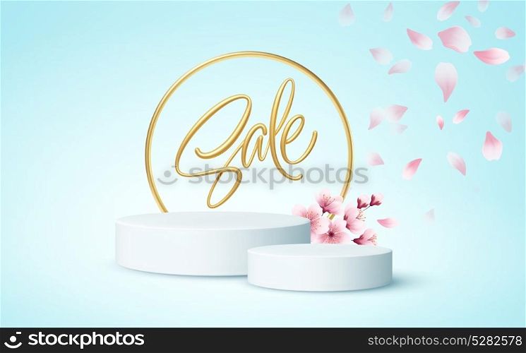 Product podium scene with a branch of blooming sakura on a blue background. Vector illustration EPS10. Product podium scene with a branch of blooming sakura on a blue background. Vector illustration
