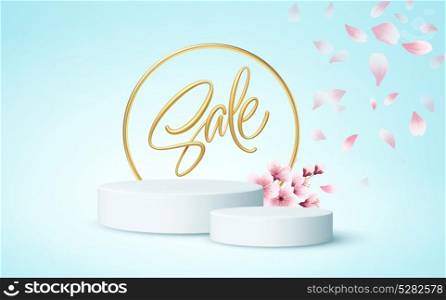 Product podium scene with a branch of blooming sakura on a blue background. Vector illustration EPS10. Product podium scene with a branch of blooming sakura on a blue background. Vector illustration