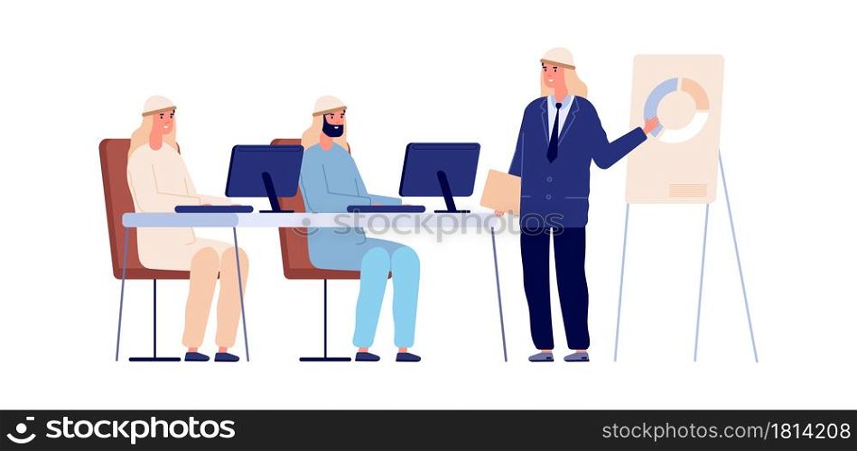 Product presentation concept. Man near board in office, professional exam training or business meeting. Arab businessman working vector character. Illustration man presentation, office meeting team. Product presentation concept. Man near board in office, professional exam training or business meeting. Arab businessman working vector character
