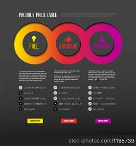 Product price table template with three options and modern colors on a dark background