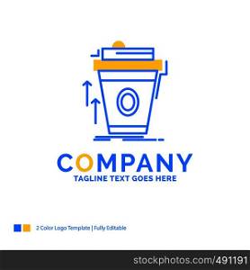 product, promo, coffee, cup, brand marketing Blue Yellow Business Logo template. Creative Design Template Place for Tagline.