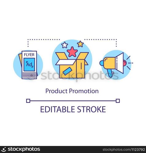 Product promotion concept icon. Local production idea thin line illustration. Flyers with ads. Sales and discounts. Openning, anniversary celebration. Vector isolated outline drawing. Editable stroke