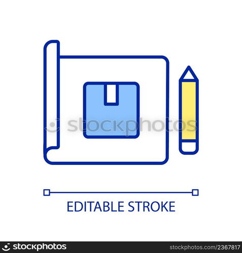 Product prototype creating RGB color icon. Designing process. Paper with sketch and pencil. Isolated vector illustration. Simple filled line drawing. Editable stroke. Arial font used. Product prototype creating RGB color icon