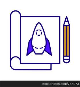 Product prototype creation color icon. Startup planning. Prototyping and model making. Drawing album with sketch rocket and pencil. Isolated vector illustration. Product prototype creation color icon