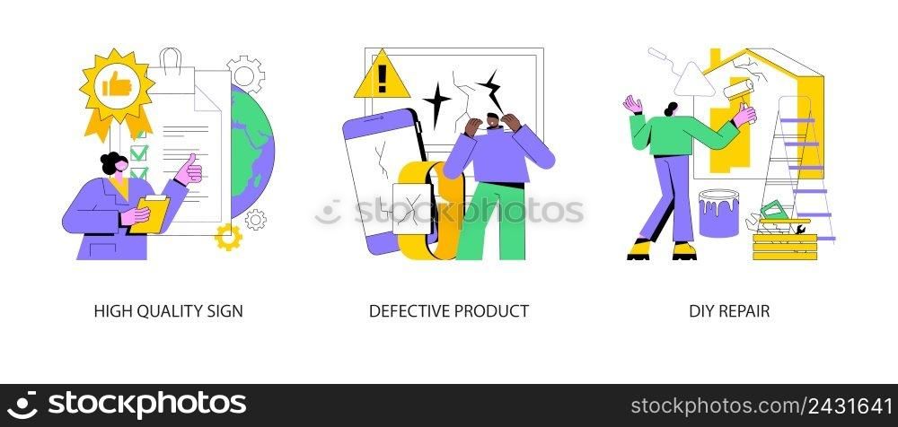 Product quality abstract concept vector illustration set. High quality sign, defective product, DIY repair, ISO certification, broken equipment, repair manual, video tutorial abstract metaphor.. Product quality abstract concept vector illustrations.