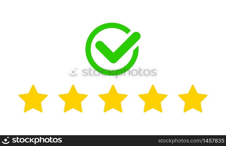 Product ratings, five stars with check mark or golden star, quality rating, feedback, premium icon set flat logo in yellow on isolated white background. EPS 10 vector. Product ratings, five stars with check mark or golden star, quality rating, feedback, premium icon set flat logo in yellow on isolated white background. EPS 10 vector.