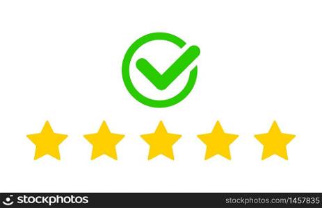 Product ratings, five stars with check mark or golden star, quality rating, feedback, premium icon set flat logo in yellow on isolated white background. EPS 10 vector. Product ratings, five stars with check mark or golden star, quality rating, feedback, premium icon set flat logo in yellow on isolated white background. EPS 10 vector.