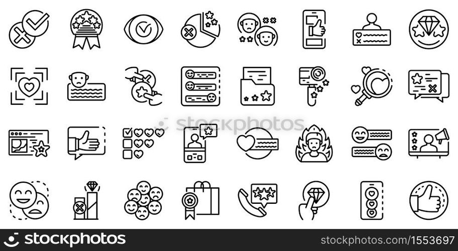 Product review icons set. Outline set of product review vector icons for web design isolated on white background. Product review icons set, outline style