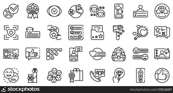 Product review icons set. Outline set of product review vector icons for web design isolated on white background. Product review icons set, outline style