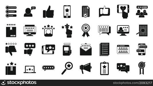 Product review icons set simple vector. Online survey. Sale reputation. Product review icons set simple vector. Online survey