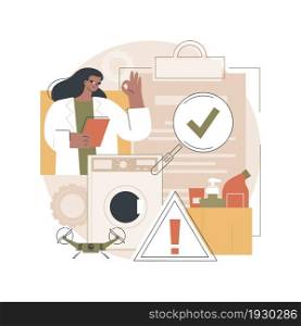 Product safety control abstract concept vector illustration. Manufacturing equipment, product testing and inspection job, protection sign, information label, laboratory check abstract metaphor.. Product safety control abstract concept vector illustration.