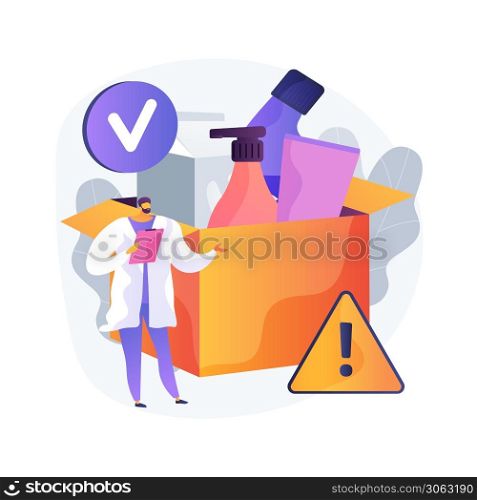 Product safety control abstract concept vector illustration. Manufacturing equipment, product testing and inspection job, protection sign, information label, laboratory check abstract metaphor.. Product safety control abstract concept vector illustration.