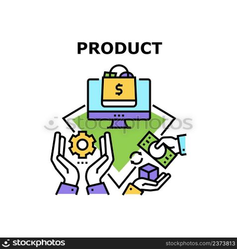 Product Sale Vector Icon Concept. Product Sale In Internet Shop, Customer Choosing And Purchasing Goods Online. Client Ordering And Buying In Store. Paying With Money Color Illustration. Product Sale Vector Concept Color Illustration