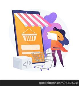Product selection, choosing goods, put things to basket. Online supermarket, internet mall, merchandise catalog. Female purchaser cartoon character. Vector isolated concept metaphor illustration.. Product selection vector concept metaphor.