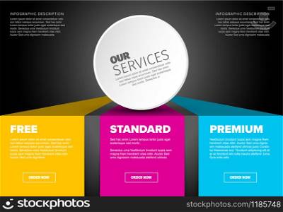 Product / service price comparison cards with description and icons - dark version. Product / service price comparison cards