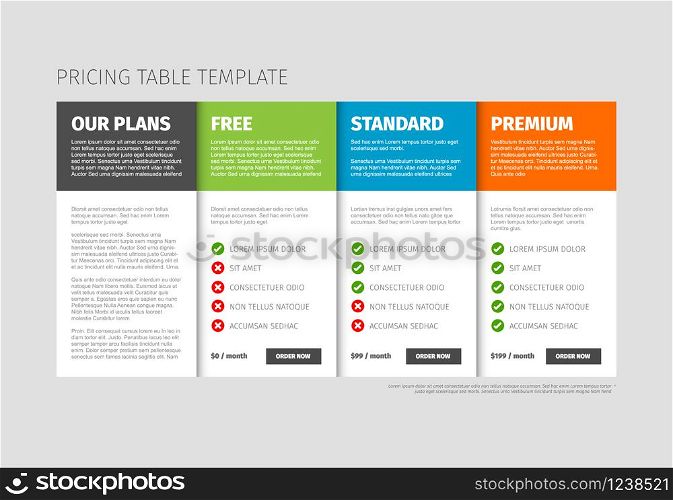 Product / service versions comparison cards - with description. Pricing table template