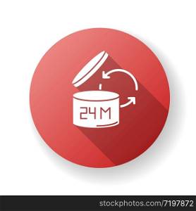 Product shelf life red flat design long shadow glyph icon. Cosmetics expiration date, merchandise safe use and consumption period. Open lid packaging. Silhouette RGB color illustration