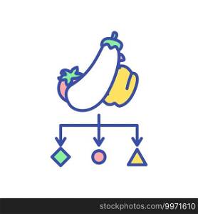 Product sorting RGB color icon. Distributing organic vegetables. Fresh natural food from farms. Agriculture and horticulture technology. Farming industry. Isolated vector illustration. Product sorting RGB color icon
