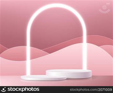 Product stand. Realistic minimalistic empty white platform render mockup for product display and presentation, geometric studio podium with luminous arch. Pink background, vector 3d backdrop design. Product stand. Realistic minimalistic empty white platform render mockup for product display and presentation, geometric studio podium with luminous arch. vector 3d background design