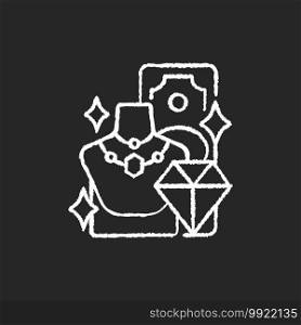 Product valuable chalk white icon on black background. High-quality items. Selling gold, silver and diamond jewelry. Luxury goods. Gold-plated items. Isolated vector chalkboard illustration. Product valuable chalk white icon on black background