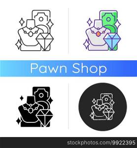 Product valuable icon. High-quality items. Selling gold, silver and diamond jewelry. Luxury goods. Gold-plated items. Linear black and RGB color styles. Isolated vector illustrations. Product valuable icon