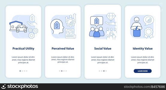 Product values light blue onboarding mobile app screen. Business walkthrough 4 steps editable graphic instructions with linear concepts. UI, UX, GUI template. Myriad Pro-Bold, Regular fonts used. Product values light blue onboarding mobile app screen