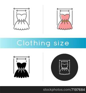 Product width icon. Linear black and RGB color styles. Measuring clothing size, tailoring parameters. Bust and skirt dimensions specification for bespoke dress. Isolated vector illustrations