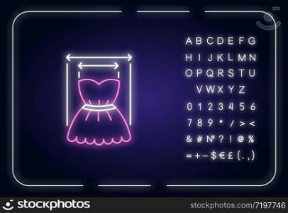 Product width neon light icon. Outer glowing effect. Measuring clothing size, bespoke dress tailoring parameters sign with alphabet, numbers and symbols.Vector isolated RGB color illustration