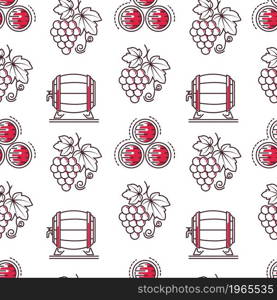 production and fermentation of wine in wooden barrels. Ripe grapes with leaves and full berries. Making and tasting of alcohol drinks. Seamless pattern, background or print, vector in flat style. Wine tasting and making, winery seamless pattern