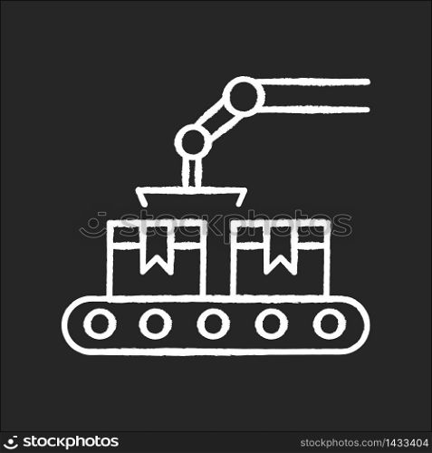 Production chalk white icon on black background. Conveyor belt with boxes. Automated factory packaging. Manufacture process. Assembly operation with containers. Isolated vector chalkboard illustration. Production chalk white icon on black background