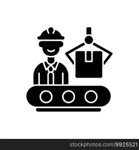 Production department black glyph icon. Responsibility for goods manufacture. Mechanics, maintenance personnel, machine operators. Silhouette symbol on white space. Vector isolated illustration. Production department black glyph icon
