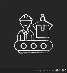 Production department chalk white icon on black background. Responsibility for goods manufacture. Mechanics, maintenance personnel, machine operators. Isolated vector chalkboard illustration. Production department chalk white icon on black background