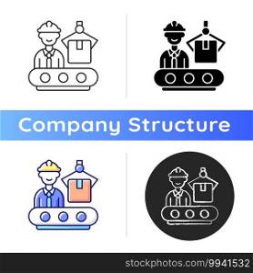 Production department icon. Responsibility for goods manufacture. Mechanics, maintenance personnel, machine operators. Linear black and RGB color styles. Isolated vector illustrations. Production department icon
