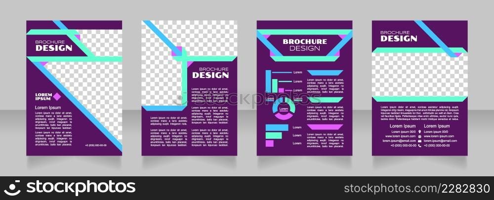 Production efficiency purple blank brochure design. Template set with copy space for text. Premade corporate reports collection. Editable 4 paper pages. Syncopate, Poller One, Arial Regular fonts used. Production efficiency purple blank brochure design